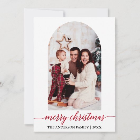 書道写真アーチ赤い格子模様クリスマス シーズンカード (正面)