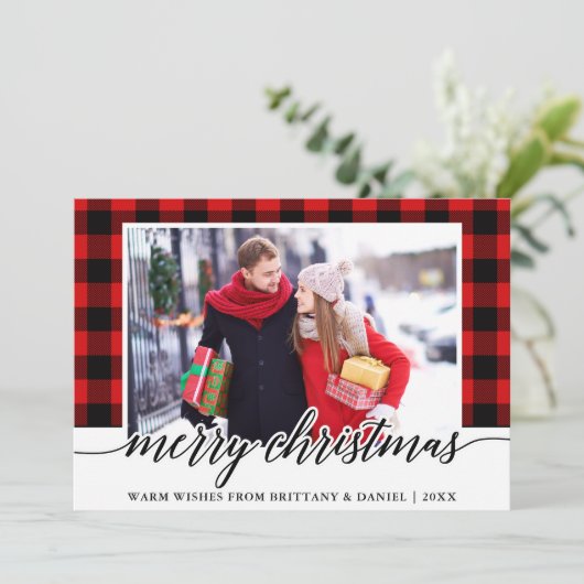 書道写真モダン赤い格子模様のクリスマス シーズンカード (スタンド正面)