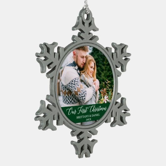 書道初めてのクリスマス夫婦写真緑 スノーフレークピューターオーナメント (左)