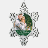 書道初めてのクリスマス夫婦写真緑 スノーフレークピューターオーナメント (右)