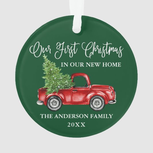 書道初めてのクリスマス新しいホームトラックグリーン オーナメント (裏面)