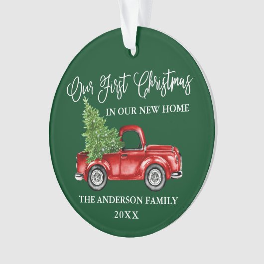 書道初めてのクリスマス新しいホームトラックグリーン オーナメント (正面)