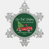 書道初めてのクリスマス新しいホームトラックグリーン スノーフレークピューターオーナメント (正面)