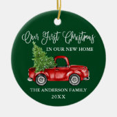 書道初めてのクリスマス新しいホームトラックグリーン セラミックオーナメント (正面)