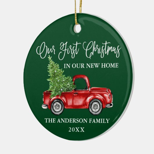 書道初めてのクリスマス新しいホームトラックグリーン セラミックオーナメント (左)