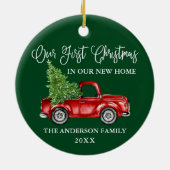 書道初めてのクリスマス新しいホームトラックグリーン セラミックオーナメント (裏面)