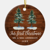 書道初めてのクリスマス素朴ウッドツーパインズ セラミックオーナメント (正面)