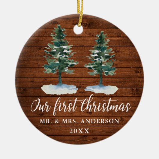 書道初めてのクリスマス素朴ウッドツーパインズ セラミックオーナメント (正面)