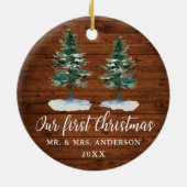 書道初めてのクリスマス素朴ウッドツーパインズ セラミックオーナメント (裏面)