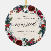 書道初めてのクリスマス結婚した冬フローラ セラミックオーナメント (正面)