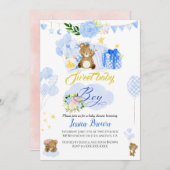 書道可愛い青クマ赤ちゃんシャワー招待 招待状 (正面/裏面)