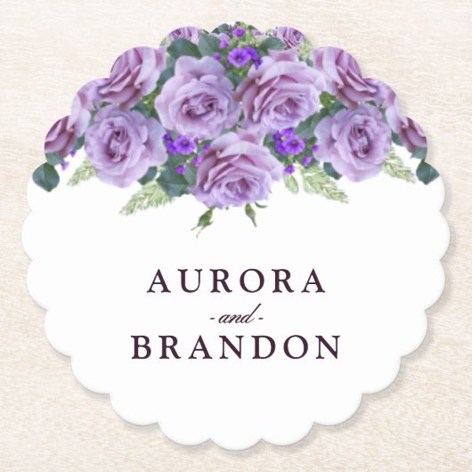 書道台本エレガント紫フローラ結婚ズ ペーパーコースター (正面)