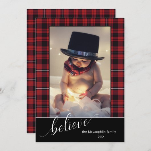書道台本信じクリスマスタータンチェック写真 シーズンカード (正面/裏面)