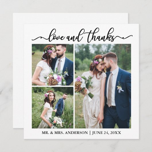 書道台本結婚のコラージュ3フォトスクエア サンキューカード (正面/裏面)