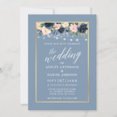書道埃っぽいブルーピンクフローラライト結婚ズ 招待状 (正面)