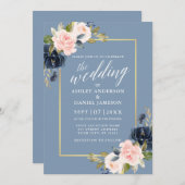 書道埃っぽいブルーピンクフローラ金ゴールド枠 招待状 (正面/裏面)