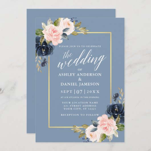 書道埃っぽいブルーピンクフローラ金ゴールド枠 招待状 (正面/裏面)