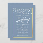 書道埃っぽい青いストリングライト金ゴールド結婚ズ 招待状 (正面/裏面)