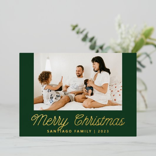 書道家族の写真緑のクリスマス 箔シーズンカード (立ち正面)