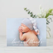 書道愛モダンと感謝していベビー写真 サンキューカード (スタンド正面)