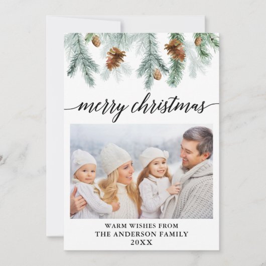 書道水彩松のコーン写真クリスマス シーズンカード (正面)