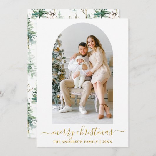 書道水彩松フォトアーチ金ゴールド シーズンカード (正面/裏面)