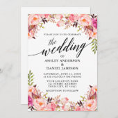 書道水彩桃色赤面フローラ結婚 招待状 (正面/裏面)