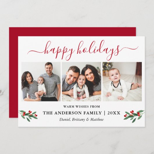 書道水彩赤いホリー3枚の写真 シーズンカード (正面/裏面)