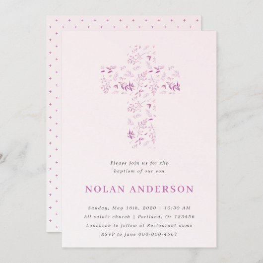 書道洗礼の少年、ピンクの水彩十字 招待状 (正面/裏面)