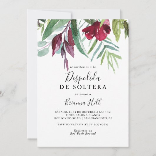 書道熱帯フローラスペインのブライダルシャワー 招待状 (正面)