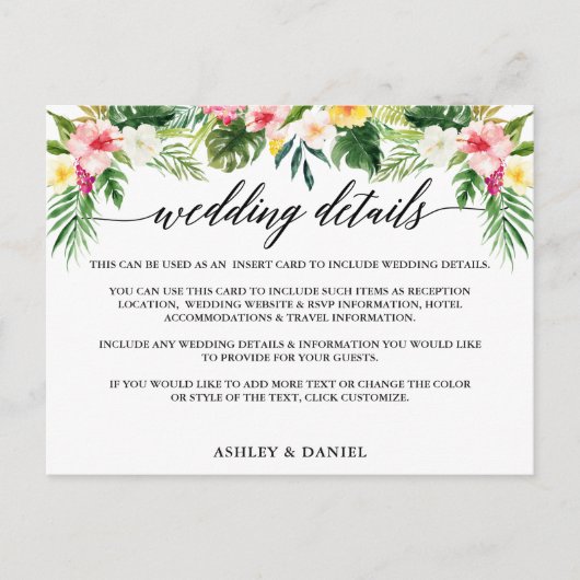 書道熱帯フローラ結婚詳細カード インビテーションポストカード (正面)
