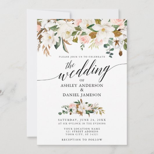 書道白マグノリアスのピンクのバラ結婚ズ 招待状 (正面)