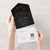 書道白黒金ゴールドQRコー結婚ド オールインワン招待状 (貼ってはがせる)