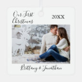 書道私たちの初めてのクリスマスカップルの写真 メタルオーナメント (正面)