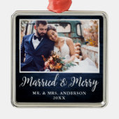 書道素朴青結婚した木メリー メタルオーナメント (正面)