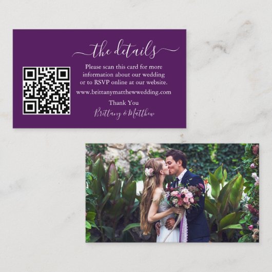 書道結婚詳細くもの巣QRフォトパープル エンクロージャーカード (正面/裏面)