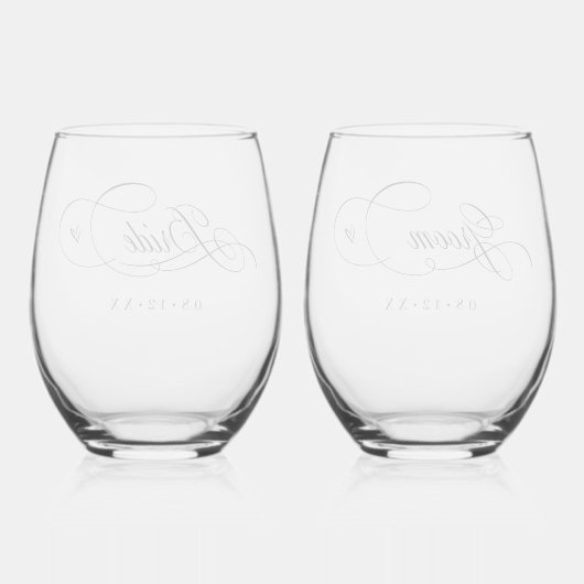 書道華美ハート新郎新婦ブラックID1025 ステムなしワイングラス (裏面)
