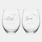 書道華美ハート新郎新婦ブラックID1025 ステムなしワイングラス (正面)