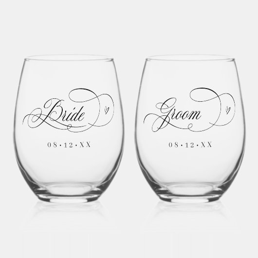 書道華美ハート新郎新婦ブラックID1025 ステムなしワイングラス (正面)