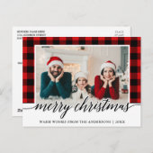 書道赤い格子模様の家族の写真クリスマス ポストカード (正面/裏面)