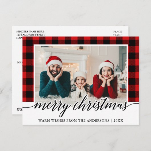 書道赤い格子模様の家族の写真クリスマス ポストカード (正面/裏面)