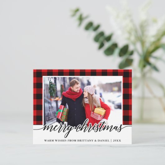 書道赤い格子模様カップル写真クリスマス ポストカード (スタンド正面)