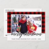 書道赤い格子模様カップル写真クリスマス ポストカード (正面/裏面)