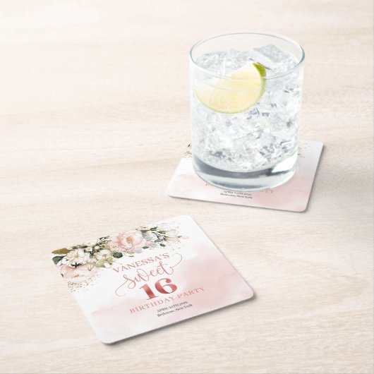 書道赤面ピンクのバラのセージ16歳の誕生日 スクエアペーパーコースター (インサイチュ)
