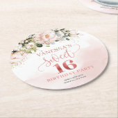 書道赤面ピンクのバラのセージ16歳の誕生日 ラウンドペーパーコースター (アングル)