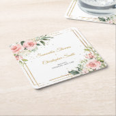 書道赤面ピンクのバラのユーカリ金ゴールドフレーム スクエアペーパーコースター (アングル)