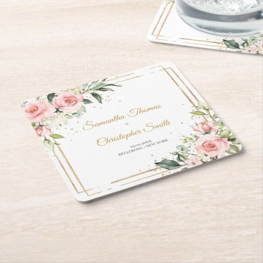 書道赤面ピンクのバラのユーカリ金ゴールドフレーム スクエアペーパーコースター (アングル)