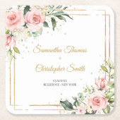 書道赤面ピンクのバラのユーカリ金ゴールドフレーム スクエアペーパーコースター (正面)