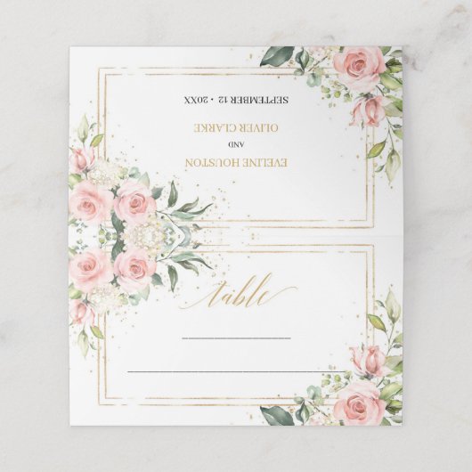 書道赤面ピンクのバラのユーカリ金ゴールドフレーム プレイスカード (外部開封)