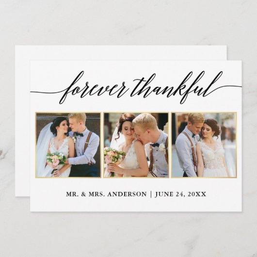 書道金ゴールド結婚の3枚の写真が永遠に感謝 サンキューカード (正面/裏面)